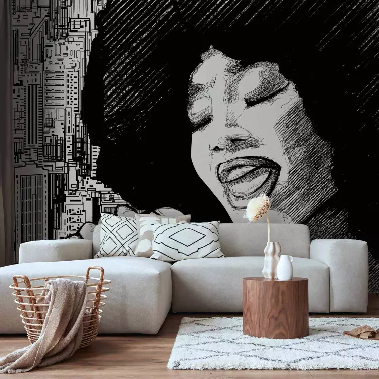 Wall Mural Jazz Singer - Black and white woman singing against the backdrop of a city
