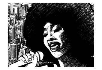 Wall Mural Jazz Singer - Black and white woman singing against the backdrop of a city