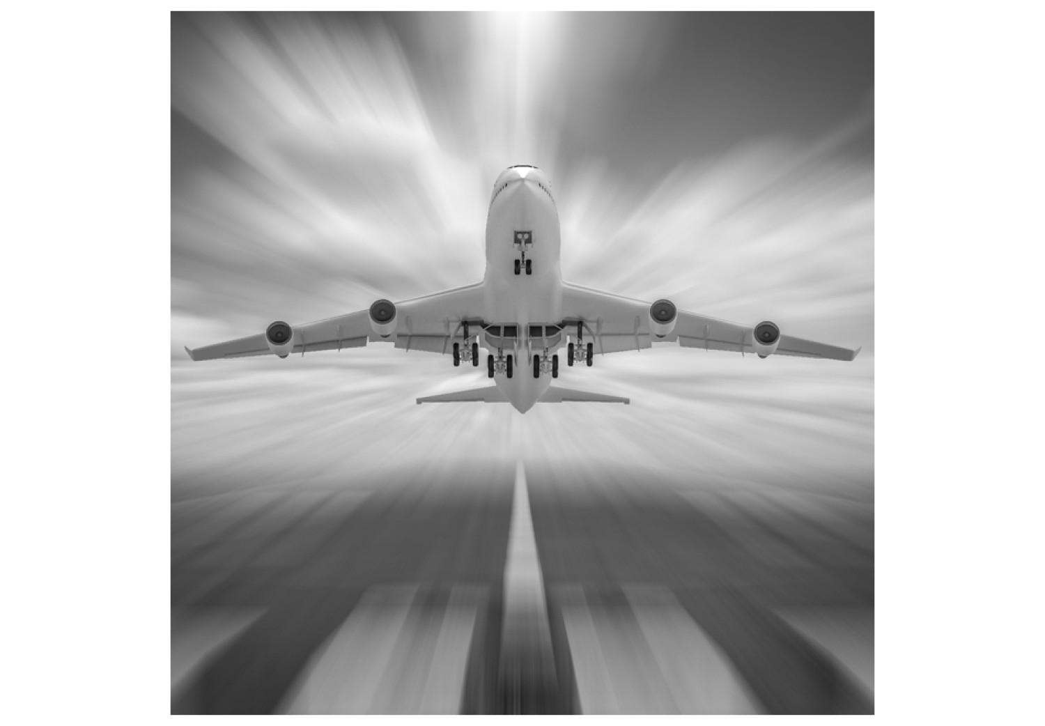 Wall Mural Reaching for the Clouds - Taking off airplane on a black and white background