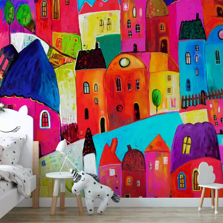 Wall Mural Rainbow Town - Colorful city with buildings and trees for children