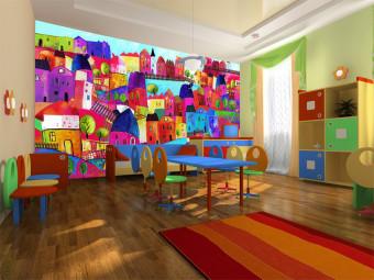 Wall Mural Rainbow Town - Colorful city with buildings and trees for children