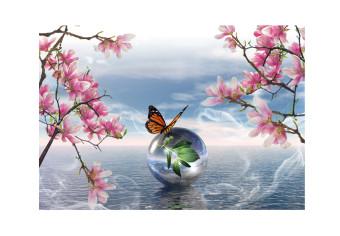 Wall Mural Butterfly Fantasy - Butterfly on a ball against the sea and magnolia background