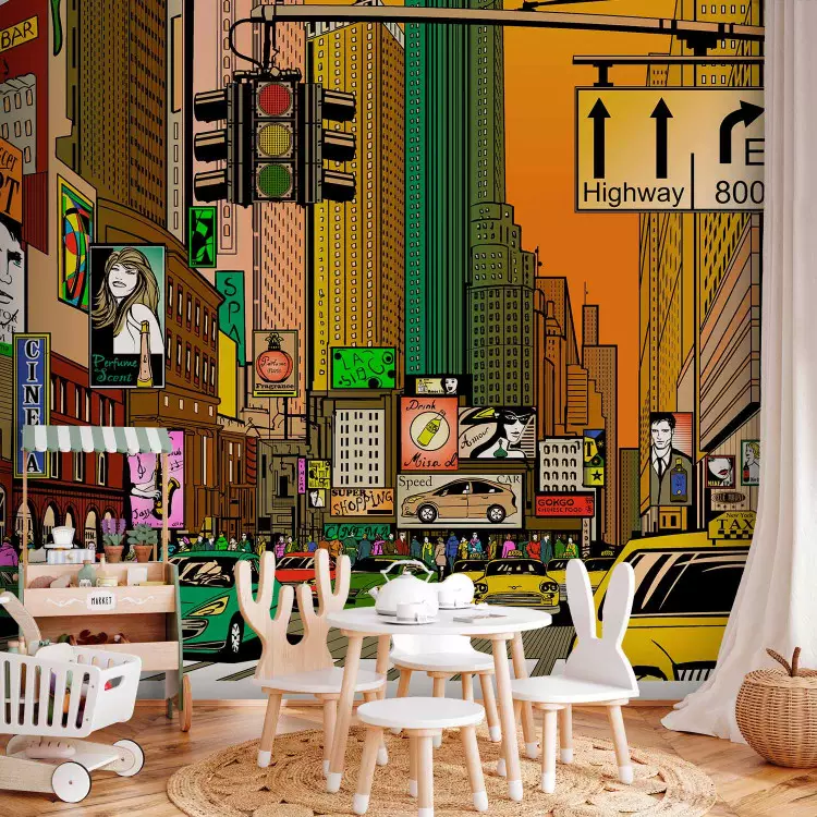 Wall Mural Comic about New York - Colorful Architecture with Yellow Taxis