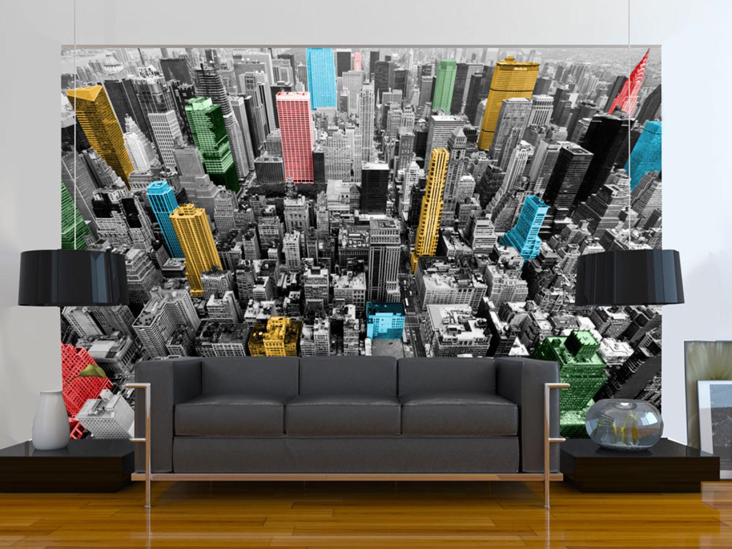 Wall Mural Kaleidoscope New York - Black and White Skyscrapers with Colorful Accent