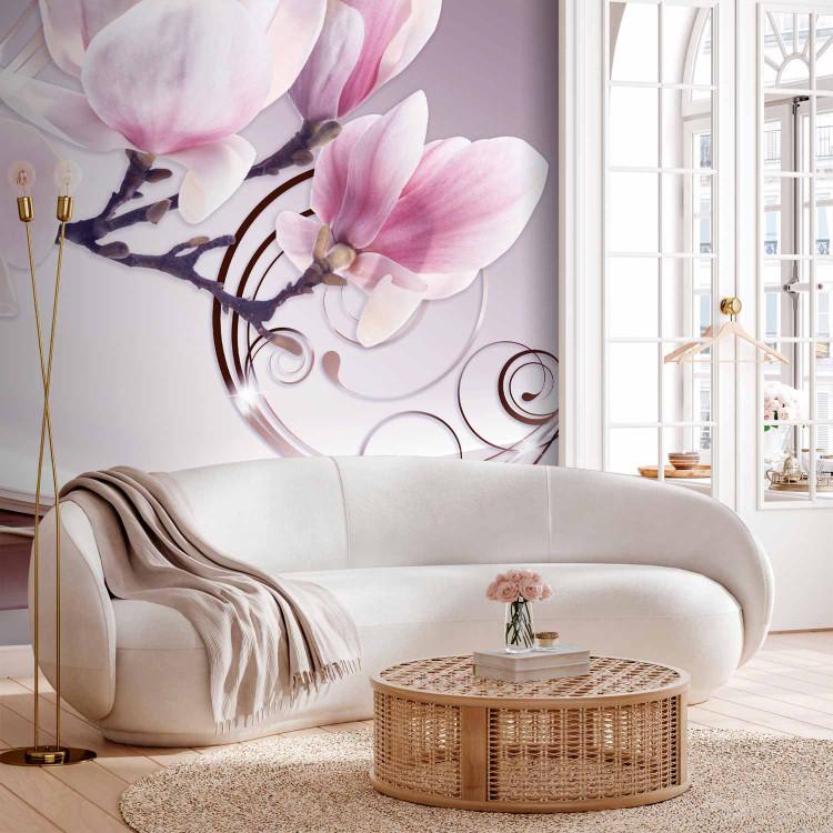 Wall Mural Delicate Abstraction - Magnolia flowers on a pink background with patterns