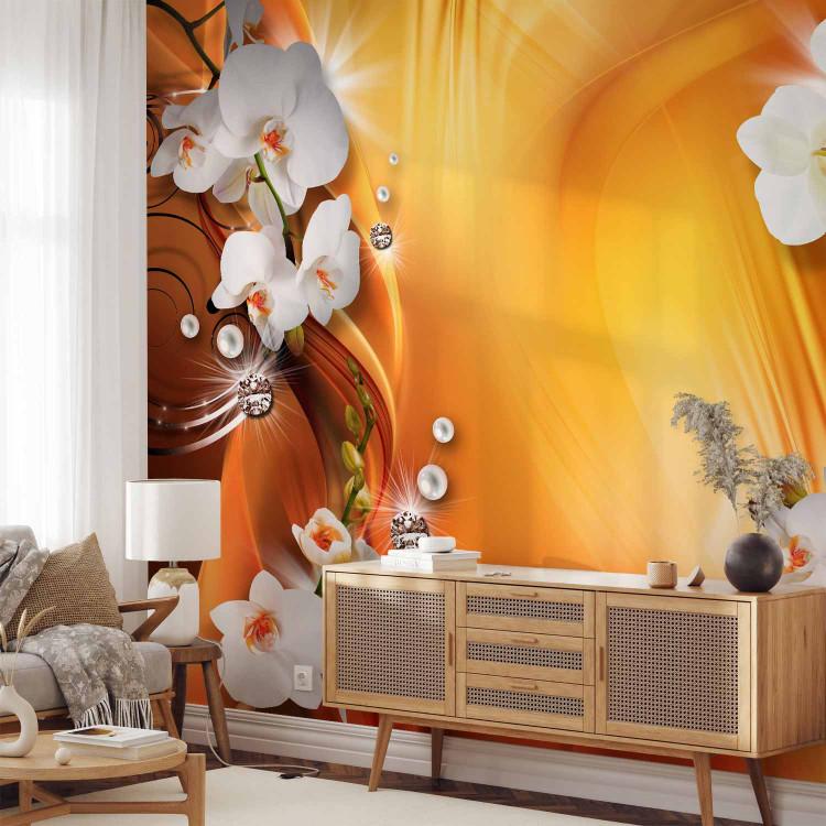 Wall Mural Composition with Flowers - White orchids on an orange background with patterns