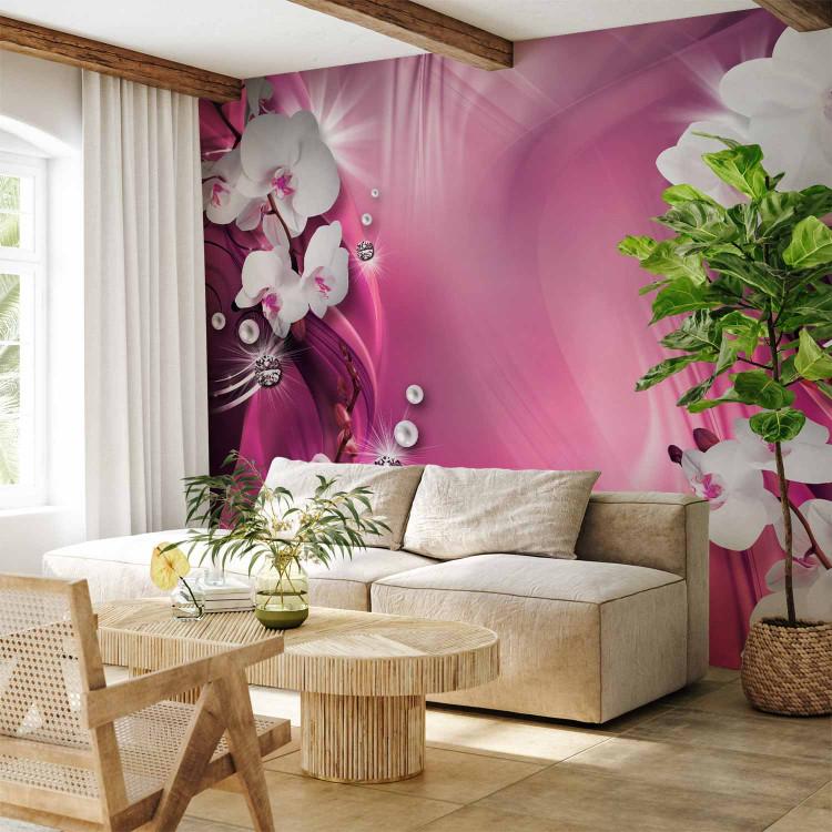 Wall Mural Pink Composition - White orchids and pearls on a pink background with patterns
