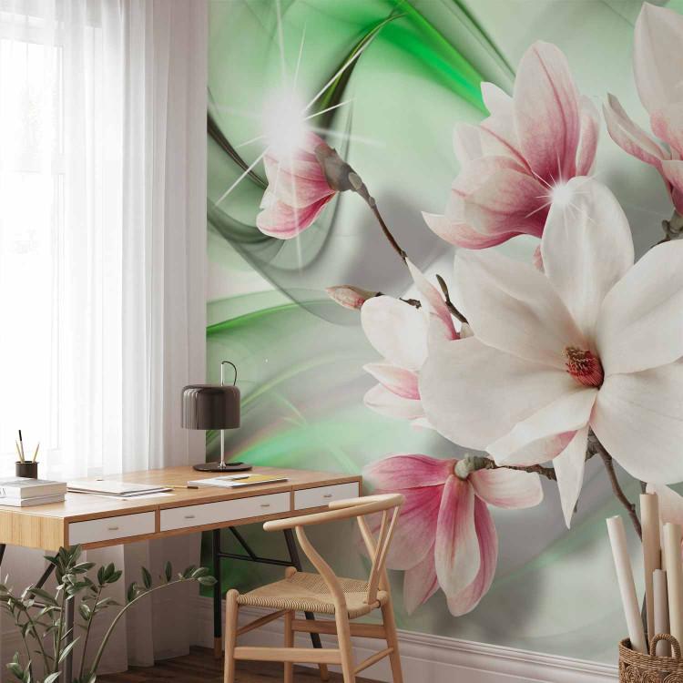 Wall Mural Magnolias on a branch - white flowers on a background of green patterns with sparkle