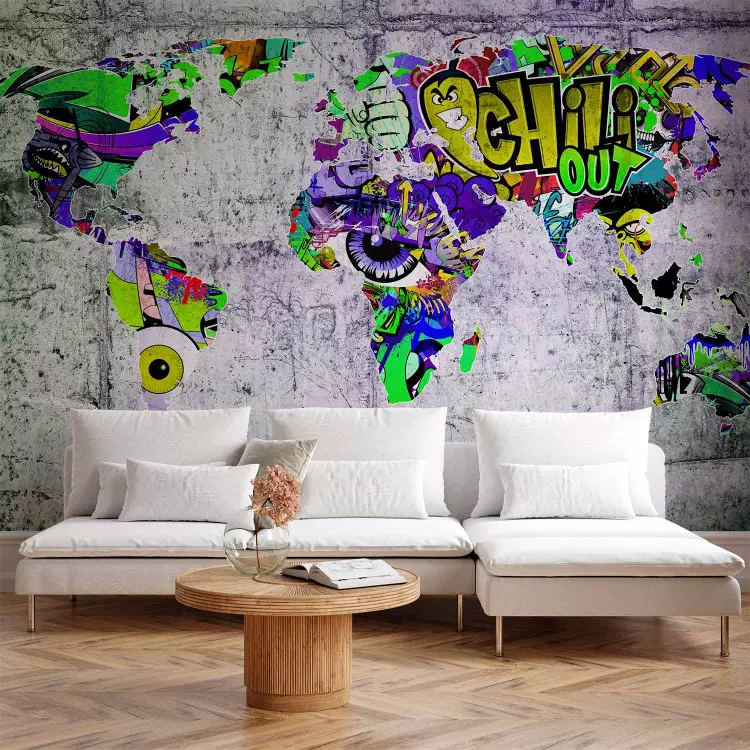 Graffiti world - colourful world map on concrete background for teenager