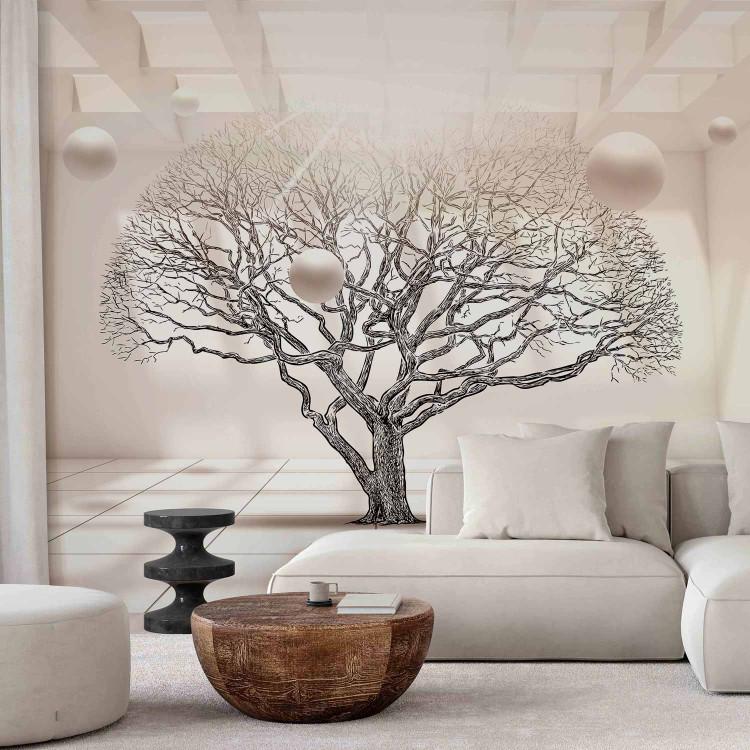 Geometric Landscape - Leafless Tree in Beige Space with Spheres