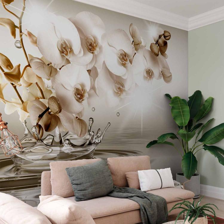 Wall Mural Flowers in water - abstract orchid branch on grey water surface