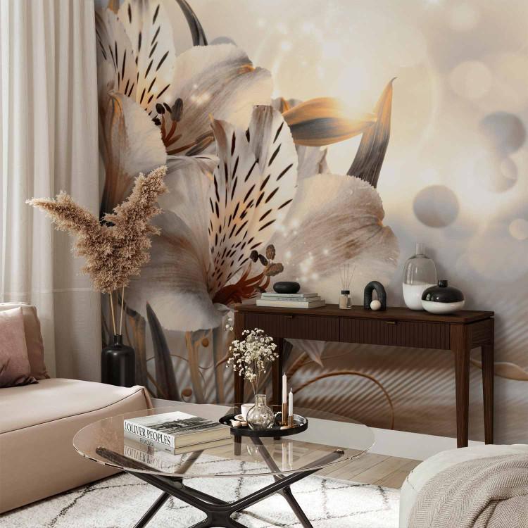 Wall Mural Creamy motif - lily flowers in morning glow on striped background