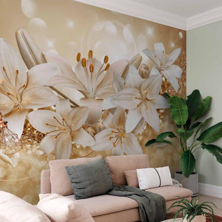 Wall Mural Golden floral motif - white lilies with ornaments on a glittering background
