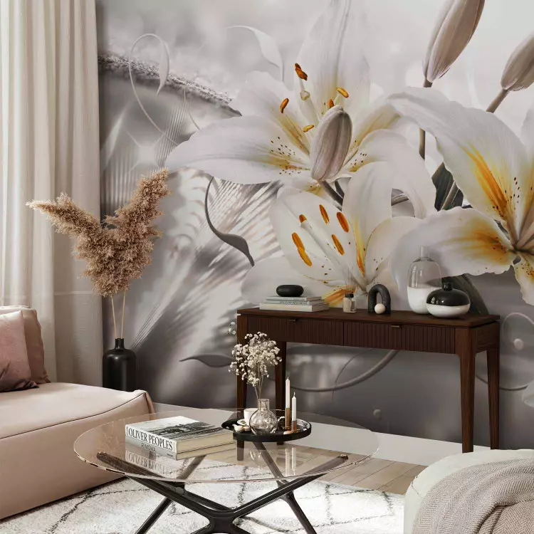Wall Mural Beauty of the lilies - white flowers on a silver background with a light shimmer effect