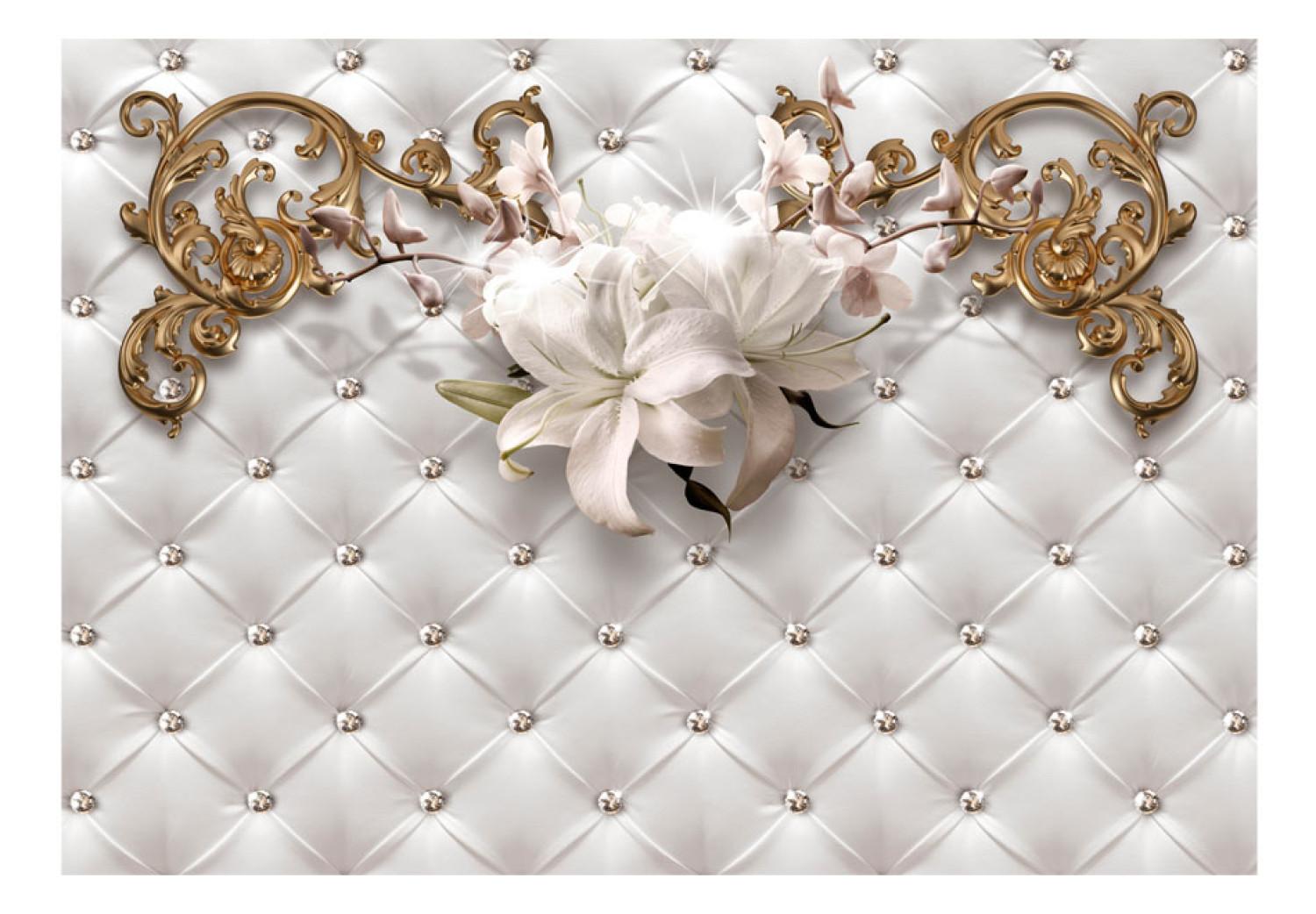 Wall Mural Dazzle - white flowers with gold ornaments on a quilted background