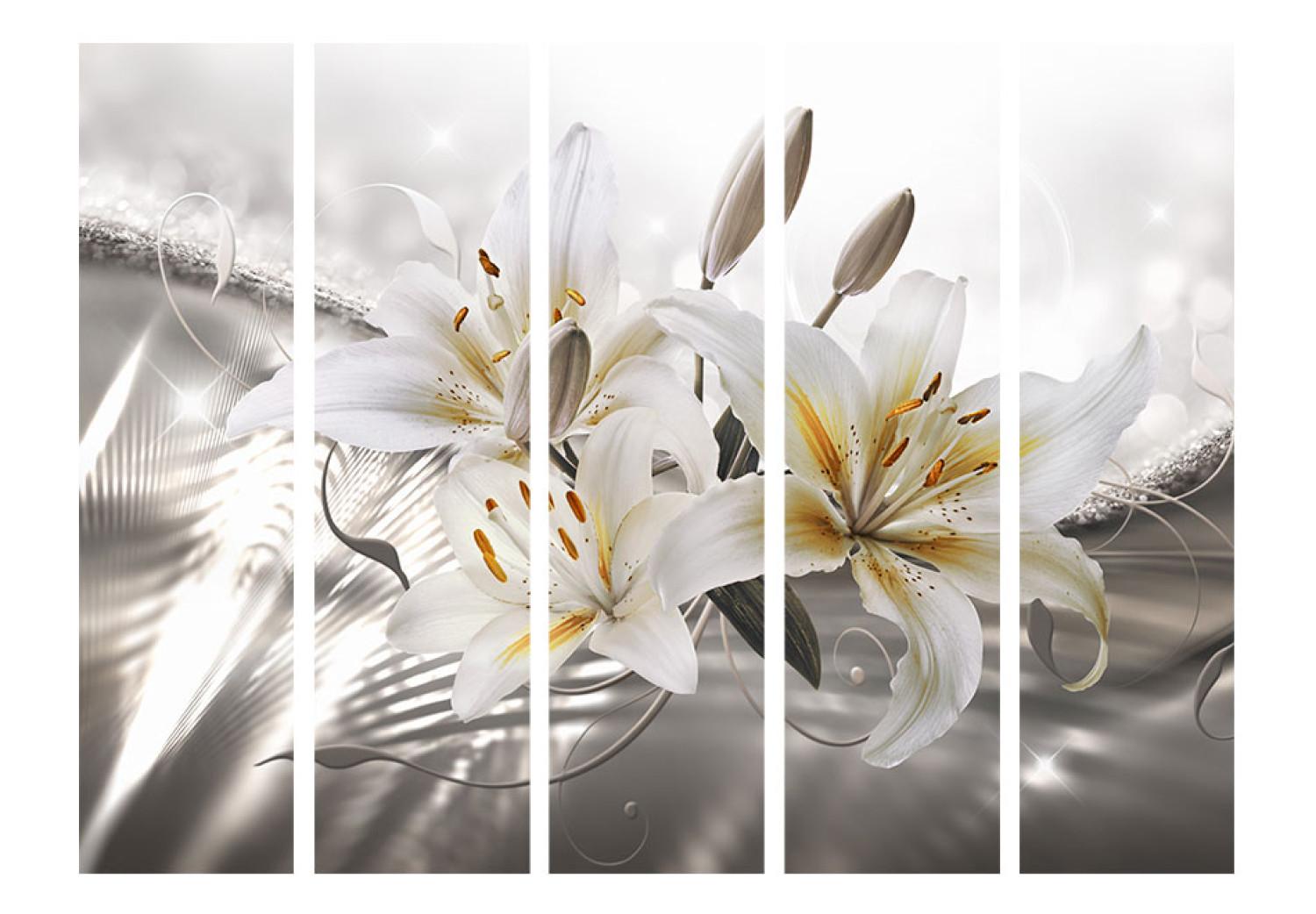 Room Divider Crystalline Beauty II - white lilies on a background of silver glow