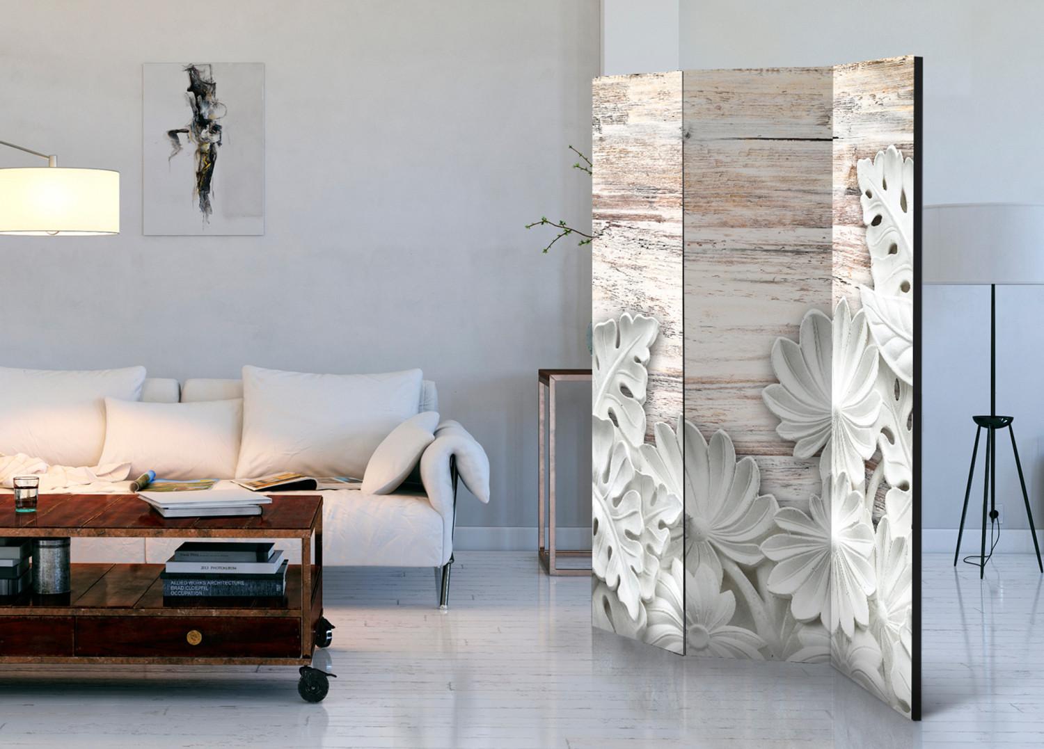 Room Divider Alabaster Grove - stone floral motif on a wooden textured background