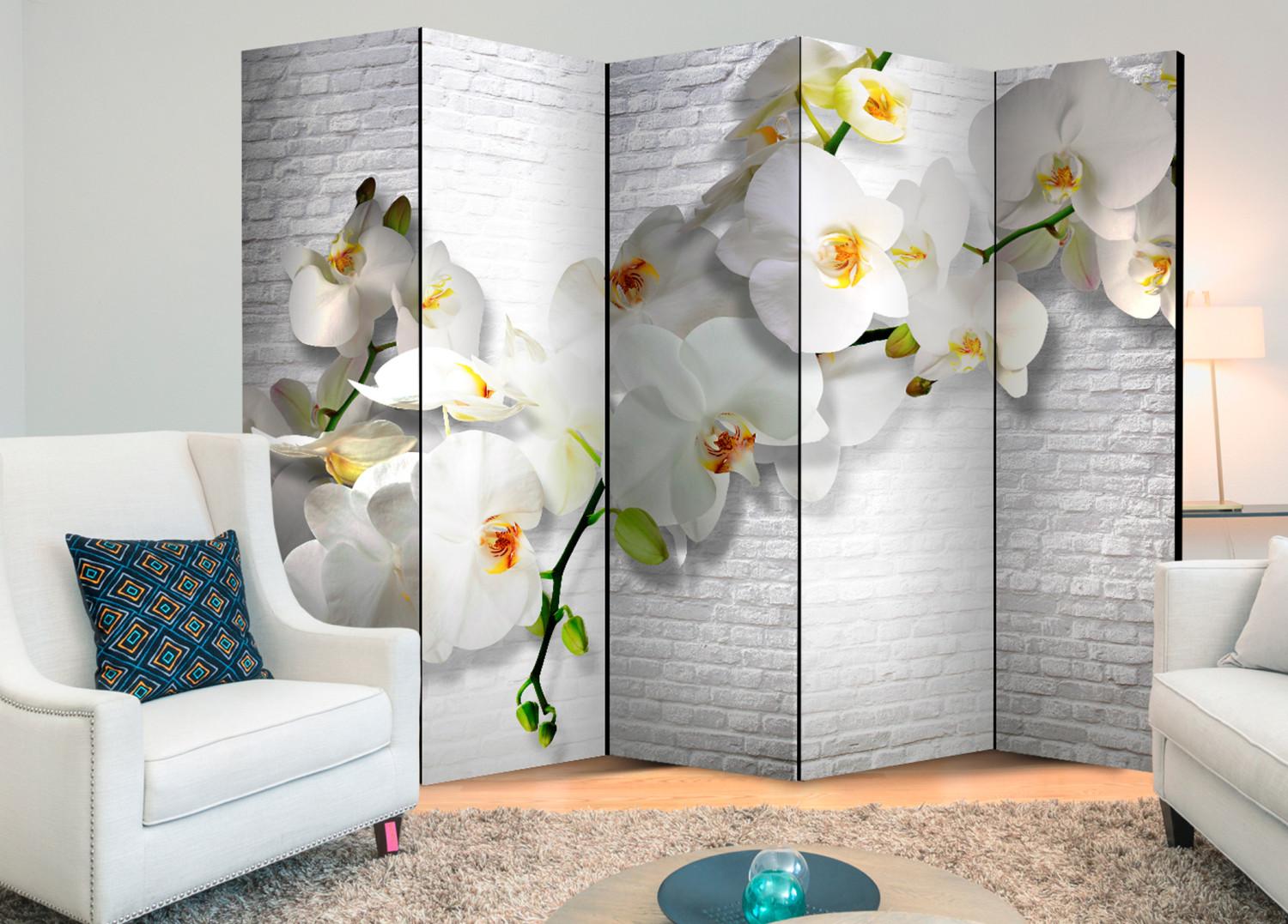 Room Divider Urban Orchid II - orchid flower on the background of a brick white wall