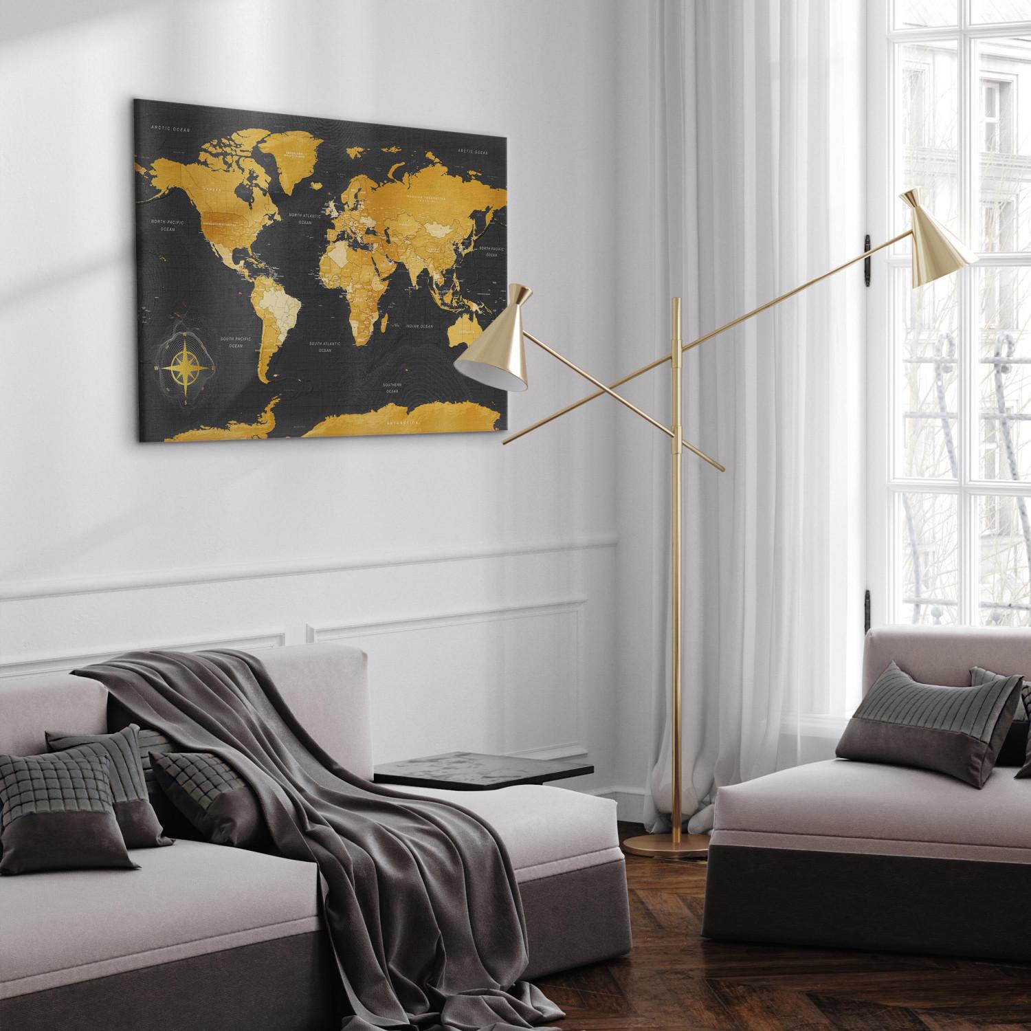 Canvas Yellow Continents (1-part) - Colorful Black-Gold World Map