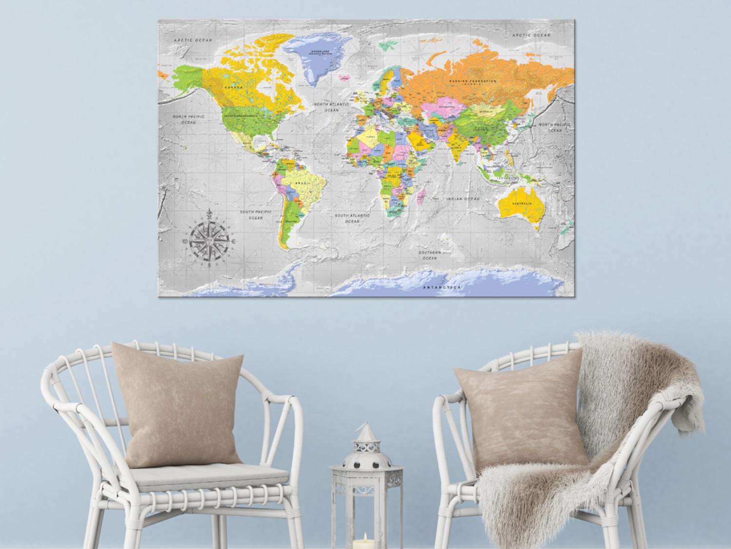 Canvas Direction of Travel (1-part) - Gray-Toned World Map with Inscriptions