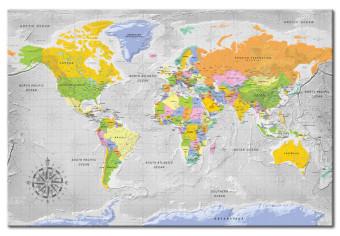 Canvas Direction of Travel (1-part) - Gray-Toned World Map with Inscriptions
