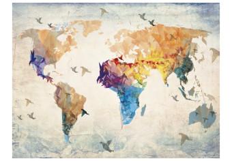 Wall Mural World map - colourful outline of the continents with a flying bird motif