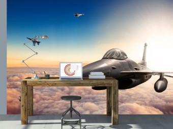 Wall Mural F16 fighter jet - landscape with aircraft against a blue sky with clouds