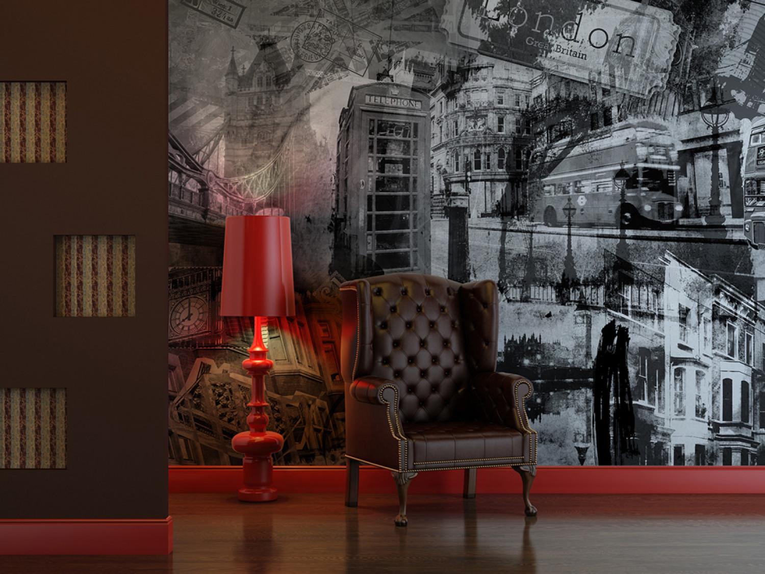 Wall Mural London - black and white collage with architectural and automotive elements