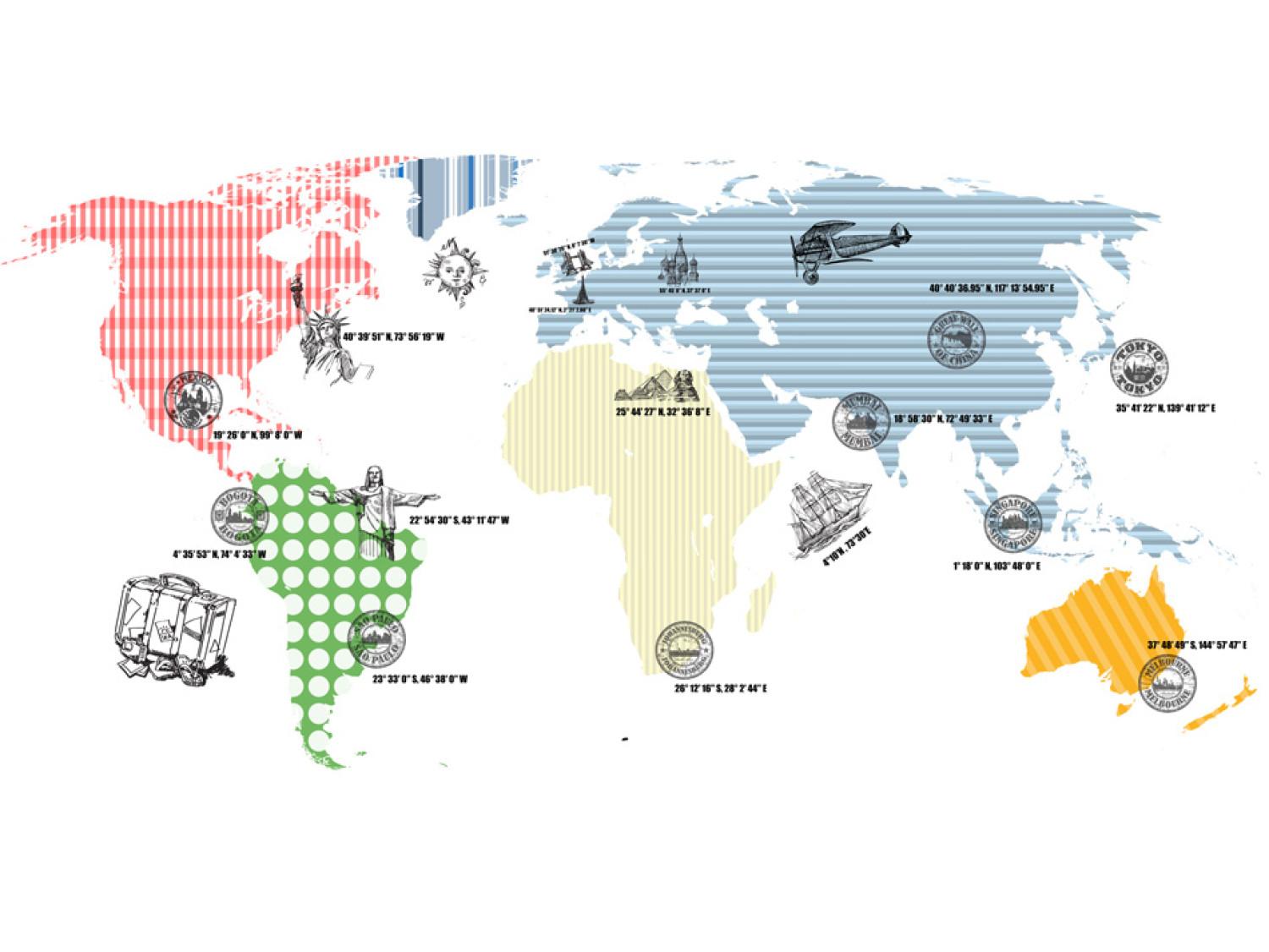 Wall Mural World map - outline of continents with coloured patterns on a white background