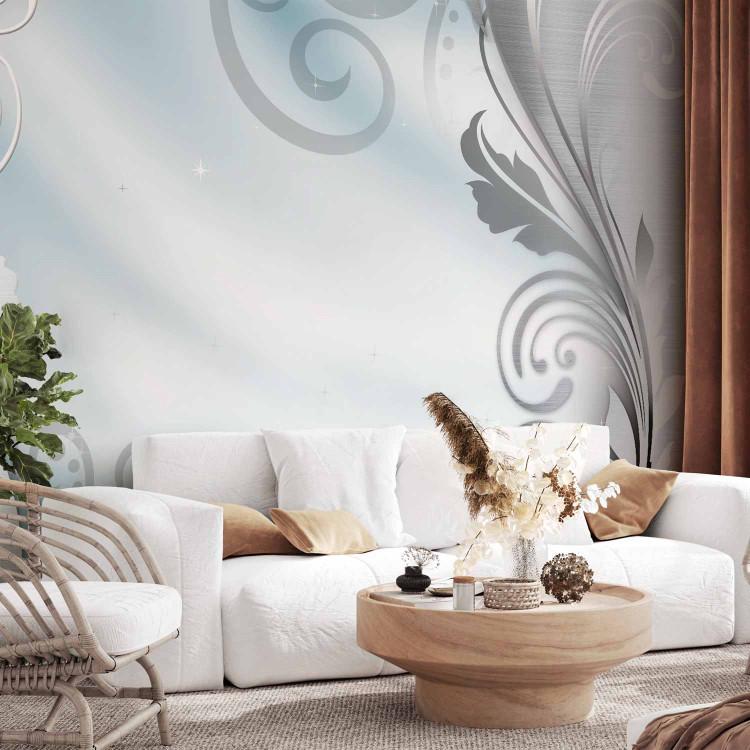 Wall Mural Abstraction with silver - baroque ornaments on a grey luminous background