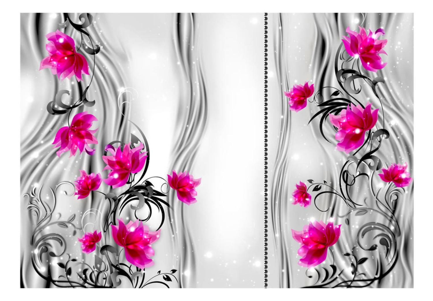 Wall Mural Pink flowers - floral motif on a background of subtle patterns with shine