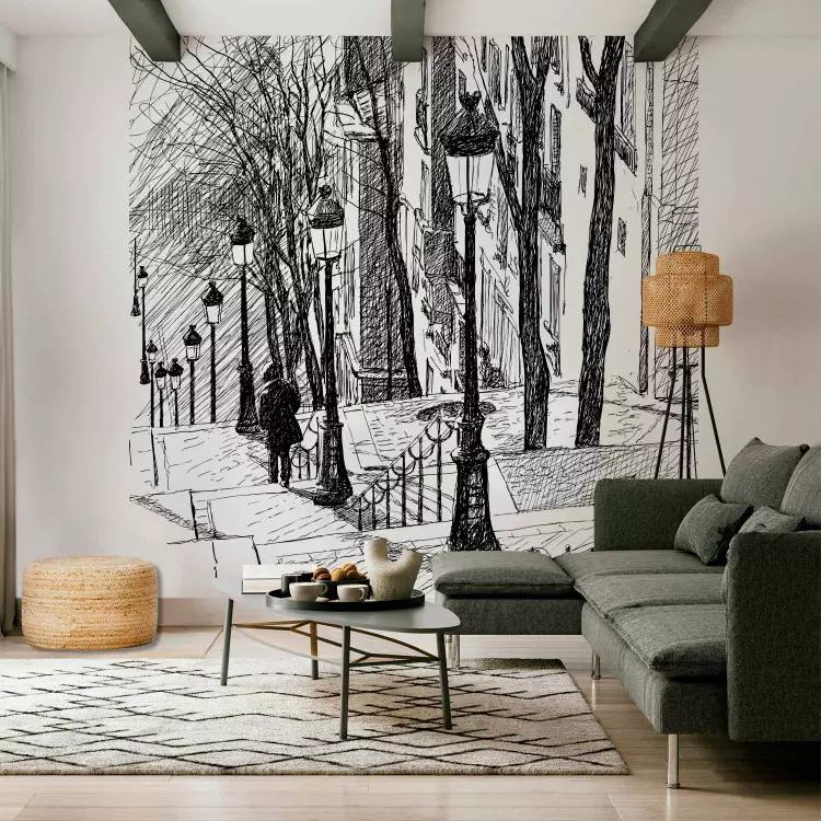 Wall Mural Montmartre staircase - black and white sketch of Paris' urban architecture