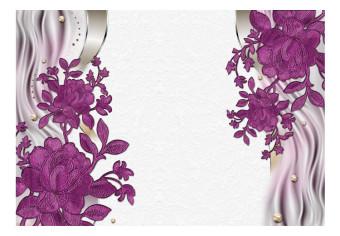 Wall Mural Purple flowers - floral motif on a light background with wave patterns