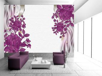 Wall Mural Purple flowers - floral motif on a light background with wave patterns