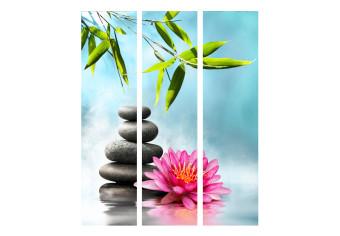 Room Divider Water Lily and Spa Stones - gray stones and flower on blue background