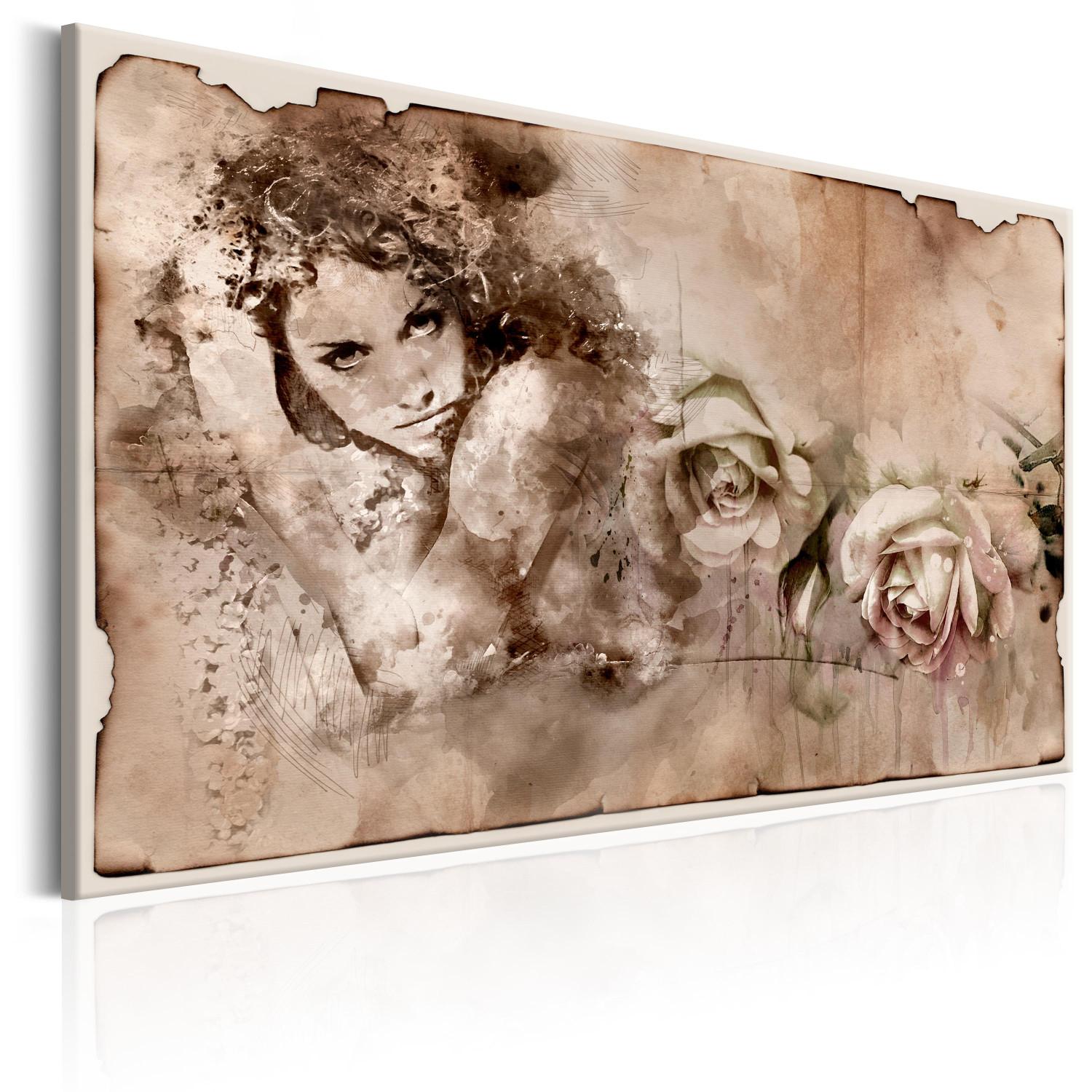 Canvas Retro Style: Woman and Roses - Romantic Portrait in Vintage Theme