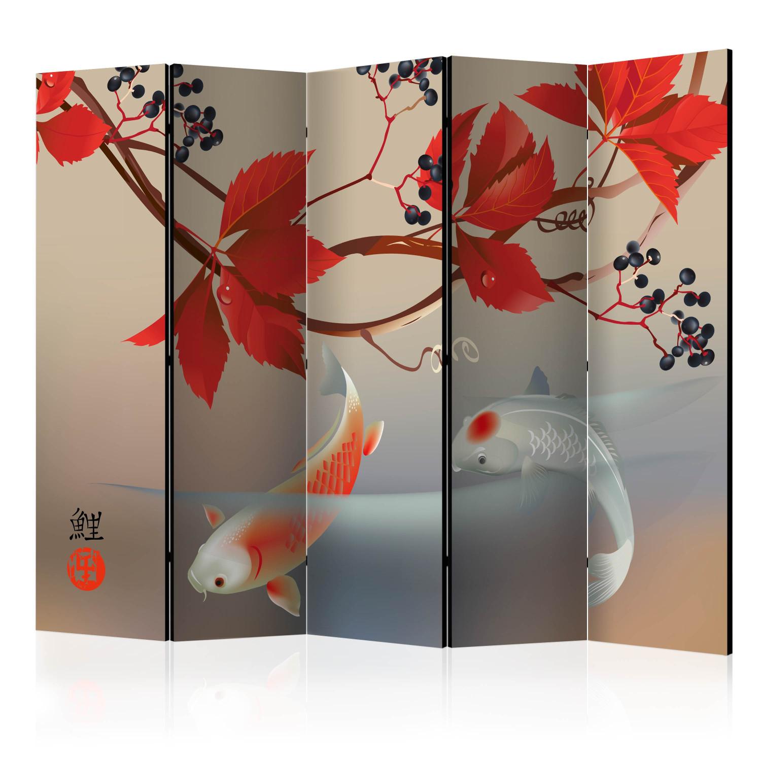 Room Divider Happy Fish II - fish in water and red leaves in Zen motif