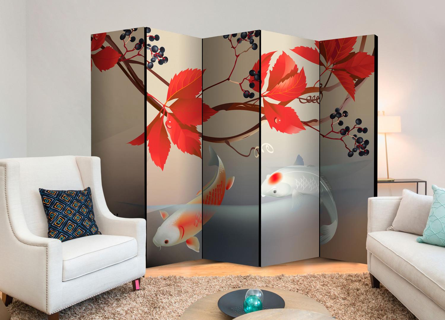 Room Divider Happy Fish II - fish in water and red leaves in Zen motif