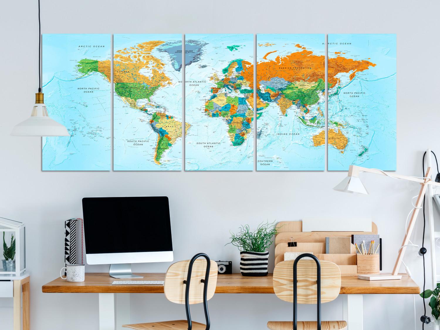 Canvas Detailed World Map (5-piece) - Seven Continents in Color