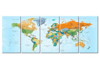 Canvas Detailed World Map (5-piece) - Seven Continents in Color