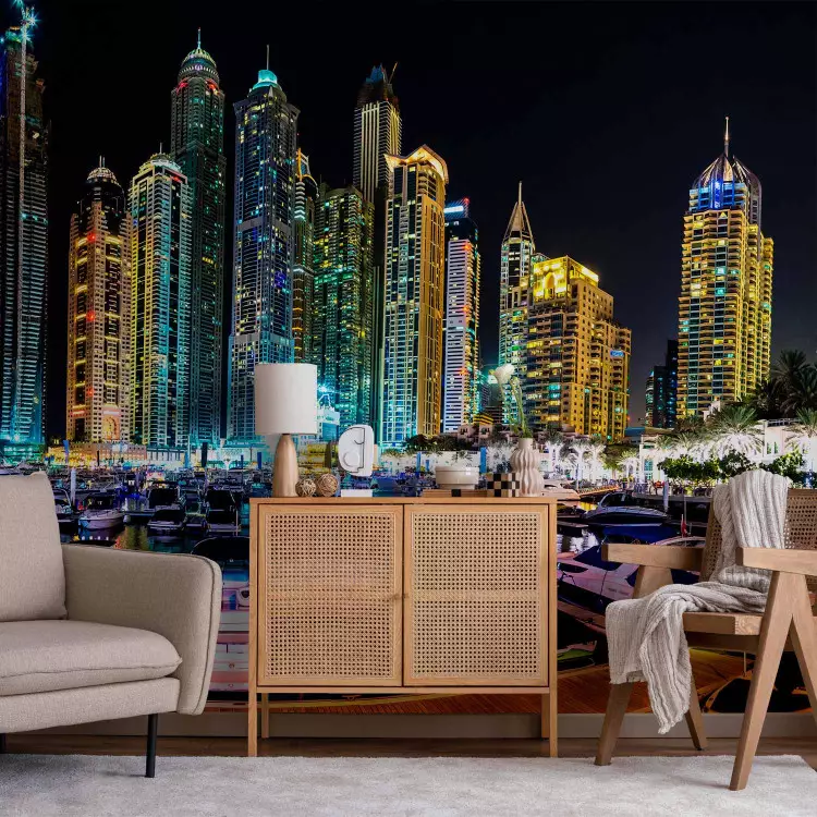 Wall Mural Night in Dubai and Marina - modern boats against city architecture