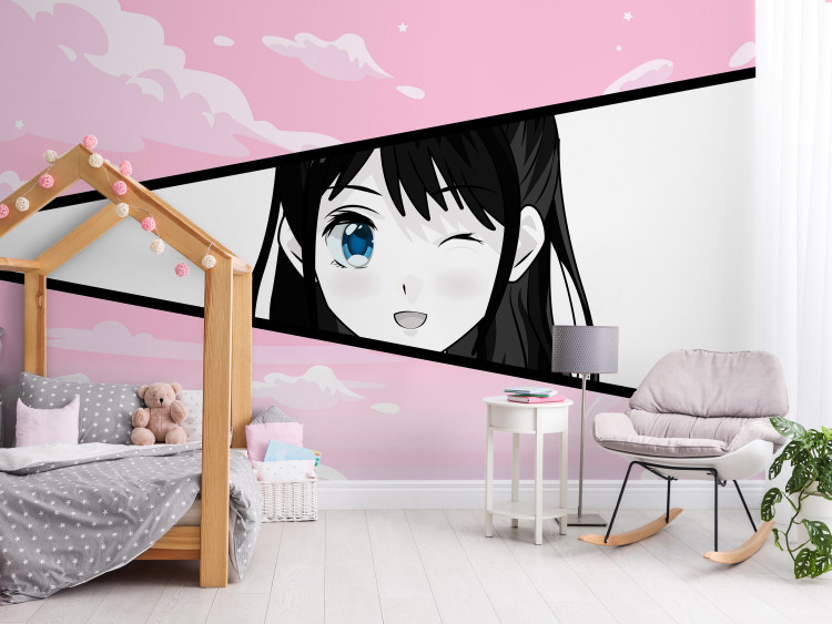 Wall Mural Manga Style Girl - Comic Book Character Against a Pink Sky Background 145510