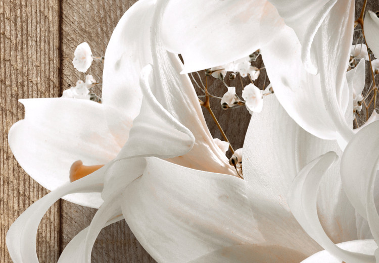 Wall Mural White lilies on wooden wall - a floral motif on brown background 125170 additionalImage 3