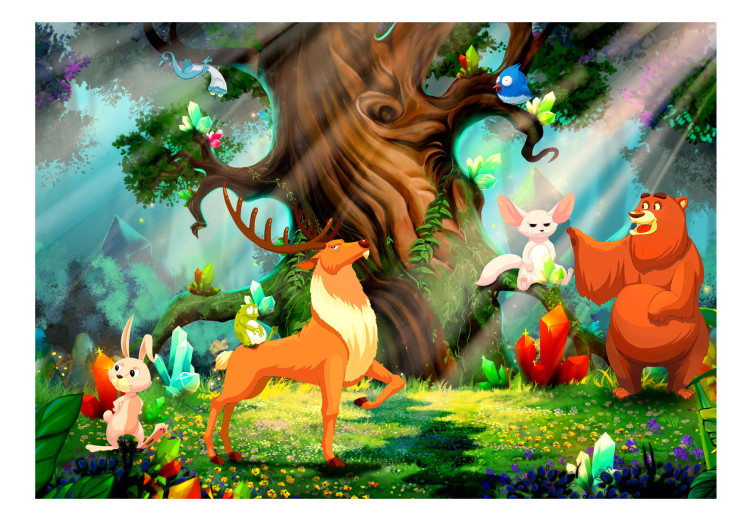 Wall Mural Teddy bear and friends - animals of the forest among trees in a children's glade 108101 additionalImage 1