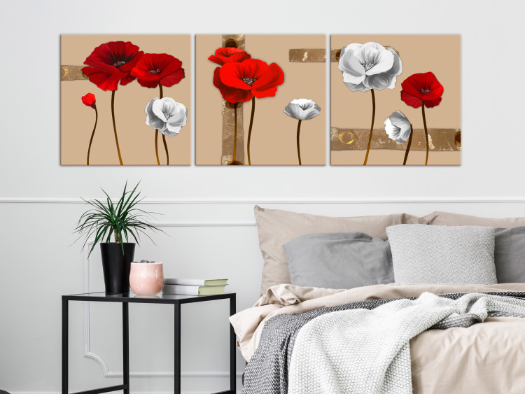 Canvas White and red poppies - triptych with flowers on a brown background 128831 additionalImage 3
