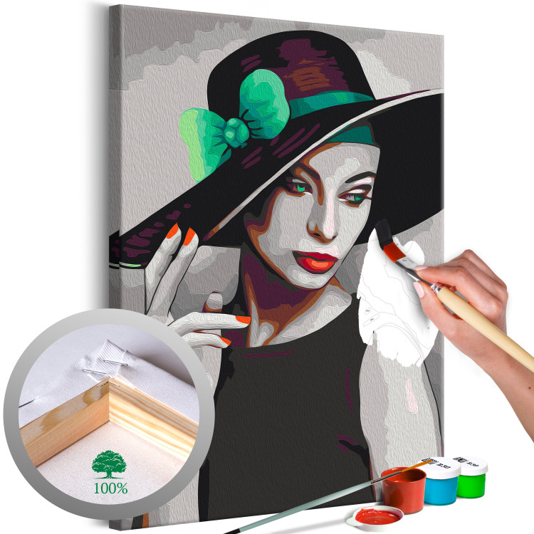 Paint by Number Kit Delicate in the Hat - Young Girl in Black Dress, Red Nails 144131