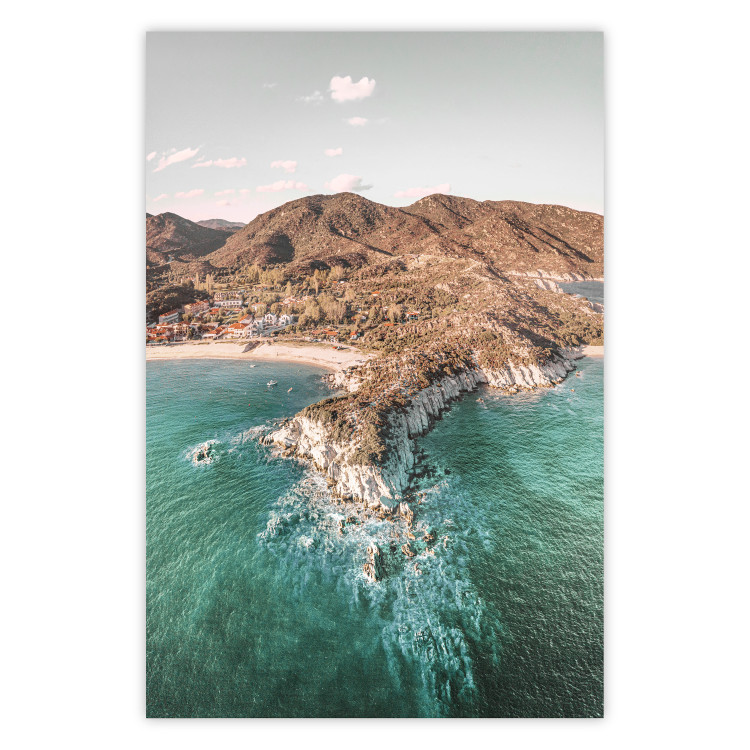 Poster Turquoise Cliff - Sunny Shore Landscape With Mountains, Beach and Sea 145231