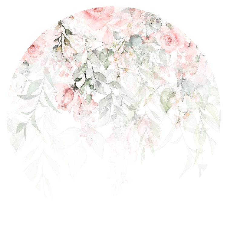 Round wallpaper Rose Waterfall - Pink Flowers and Green Leaves on a White Background 149151 additionalImage 1