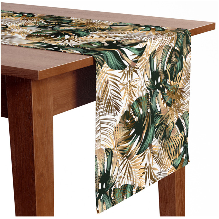 Table Runner Contrasting leaves - plant motif in shades of green and gold 147312