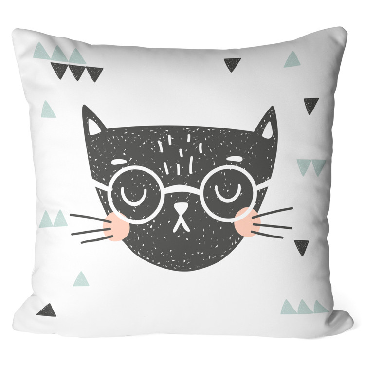 Decorative Microfiber Pillow The face of a cat - animal and triangles on black and white background cushions 147022